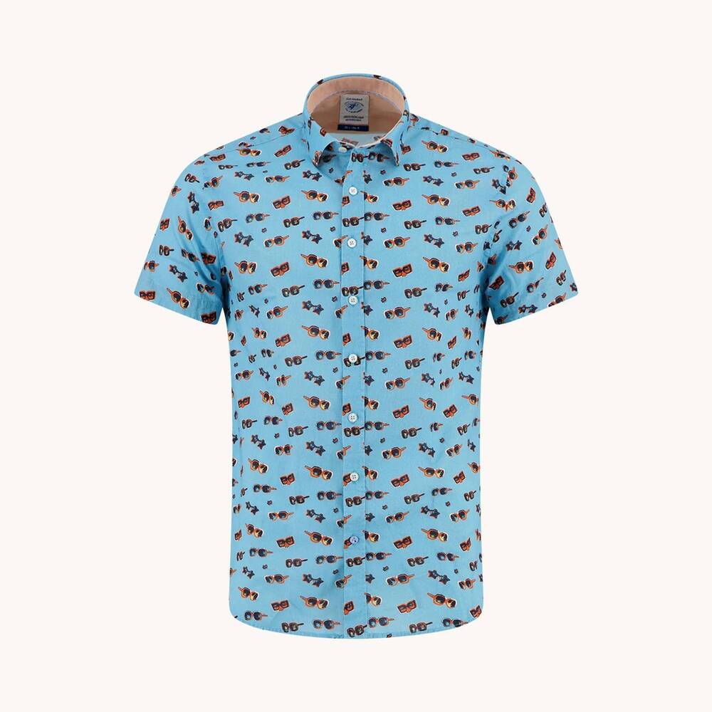NEW A FISH NAMED FRED men's short sleeve sunglasses shirt in aqua